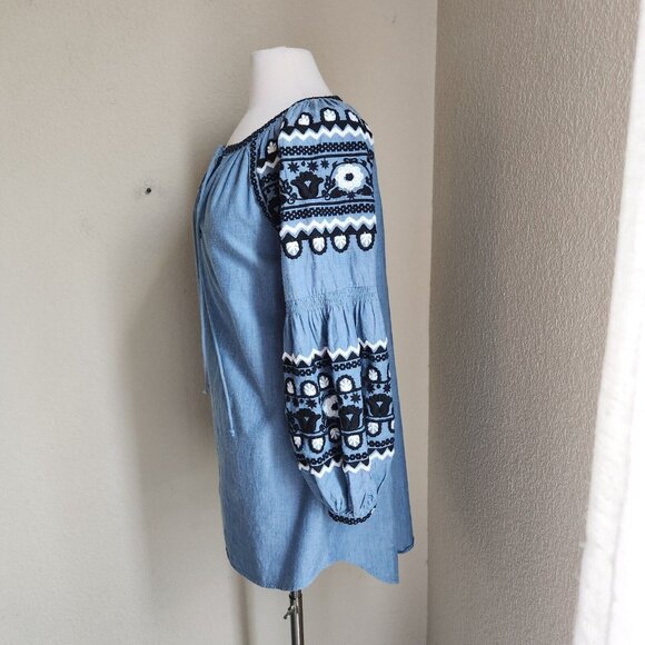 Ivy Jane Boho Dress XS Embroidered Puff Sleeve Chambray Relaxed‎ Southwestern - Picture 3 of 12
